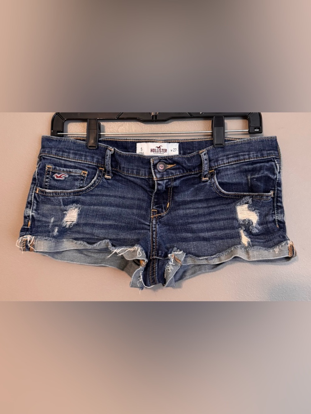 Vintage Y2K Hollister Distressed Low Rise Micro Mini Denim Cuff Shorts Sz 5/27